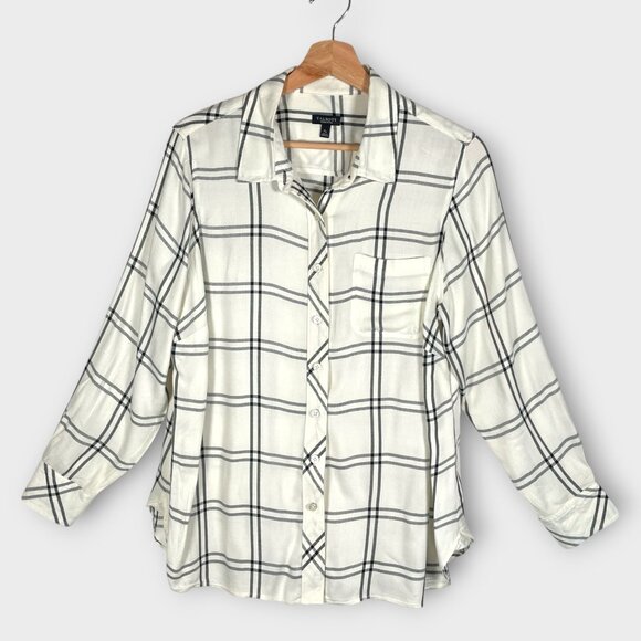 🍂🍁 TALBOTS Button Up Blouse XP White Black Rayon Casual to Office - Picture 1 of 7